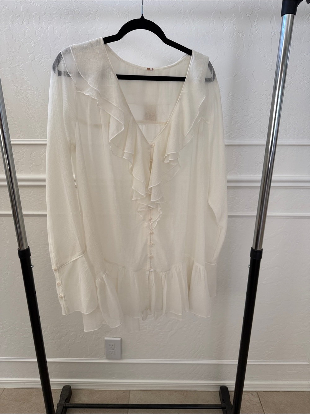 Free People Cream Ruffle V-Neck Button Front Blouse